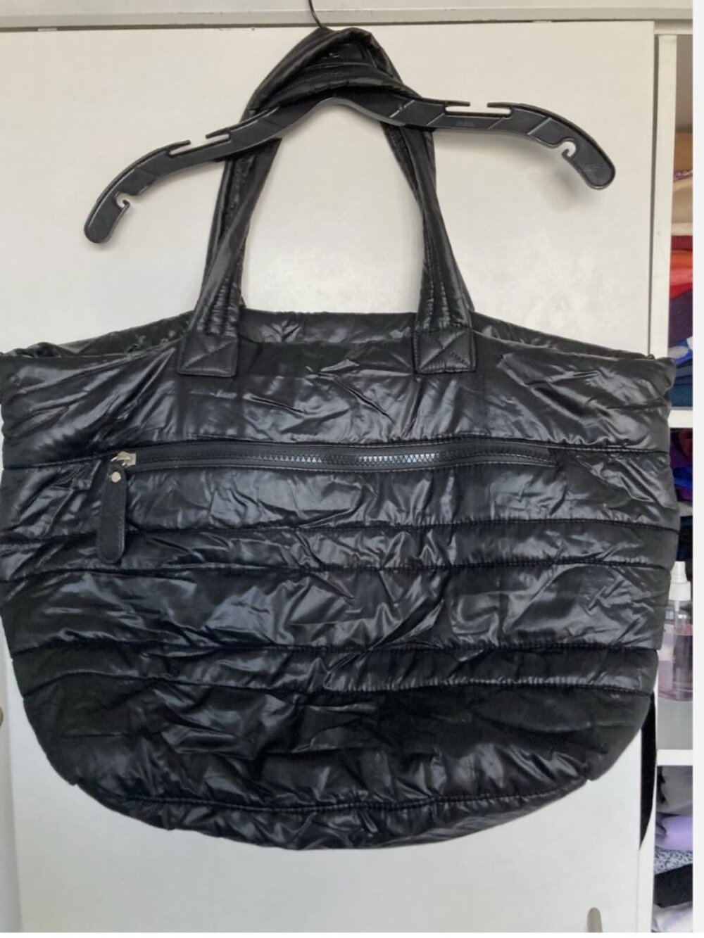 Sondra Roberts Squared Black Quilted Nylon Tote Bag Silver MZ Wallace Style M/L